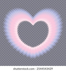 Frame in the shape of a wavy heart, transparent radial rays in nostalgic y2k style. Cute gradient heart in pastel pink, purple colors. Isolated design element with transparency. Vector illustration.