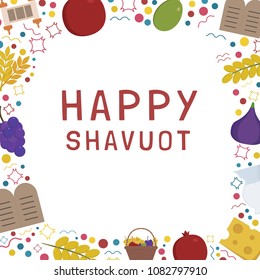 Frame with Shavuot holiday flat design icons with text in english "Happy Shavuot". Template with space for text, isolated on background.