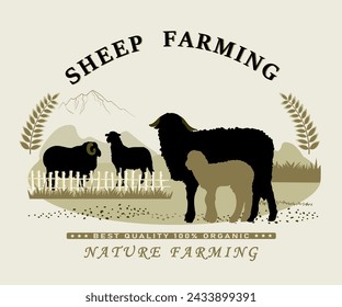 Frame with sheep farm objects silhouettes and text for product labels. Vector illustration.	
