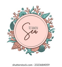 Frame with shells isolated on circl. A wreath with underwater items and text. Banner template for greeting cards, invitations. Vector illustration with Sea you soon lettering.
