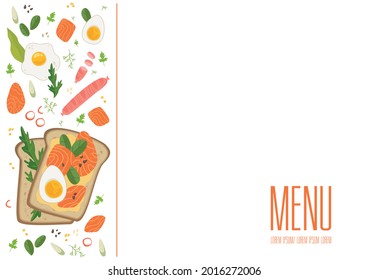 Frame side view of breakfasts and brunches. Breakfast food menu design. Vintage hand drawn sketch vector illustration. Style image. Traditional breakfast. White background and salmon sandwich.