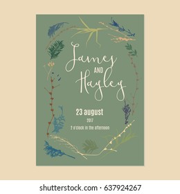 Frame of silhouette branches and grass on a green background wedding invitation card template vector