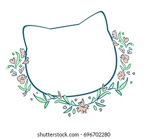 Frame silhouette head of a cat, vector flowers frame