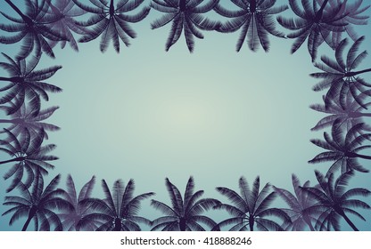 Frame of Silhouette palm tree in flat icon design with vintage filter background (vector)