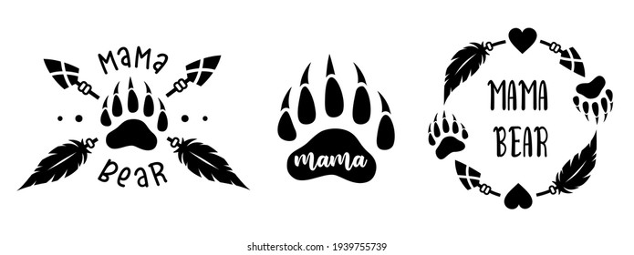 Frame silhouette with prints of bear paws and arrows in tribal style. Indian round frames with place for text. Mama bear design.