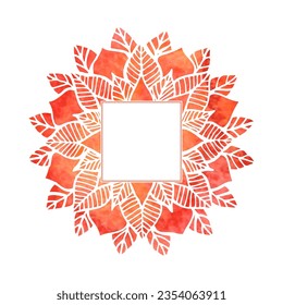Frame with silhouette of red mandala with flower and leaves, floral pattern and white blank