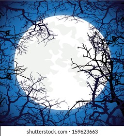 Frame from silhouettes of bare branches of trees on full moon background