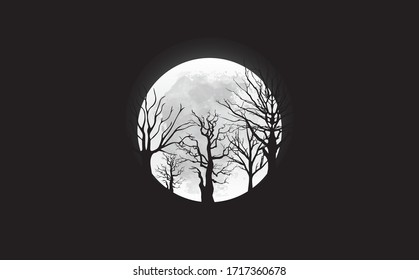 Frame from silhouettes of bare branches of trees on full moon background