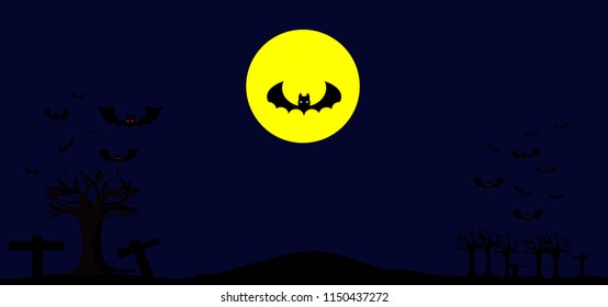 Frame with silhouettes of Bat ghost, trees, leaves, crosses in the cemetery. Halloween card or flyer with copy space.
