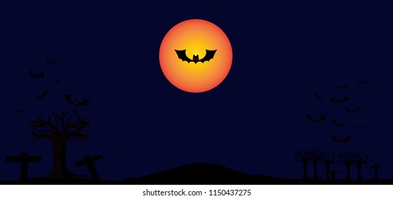 Frame with silhouettes of Bat ghost, trees, leaves, crosses in the cemetery. Halloween card or flyer with copy space.
