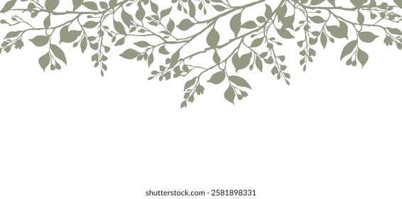 Frame with silhouettes of branches and leaves. Crown of trees. Vector border pattern for card, presentation, wallpaper, poster, banner, print, packaging, web design