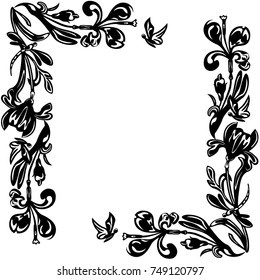 frame of silhouettes of flowers and butterflies on a white background