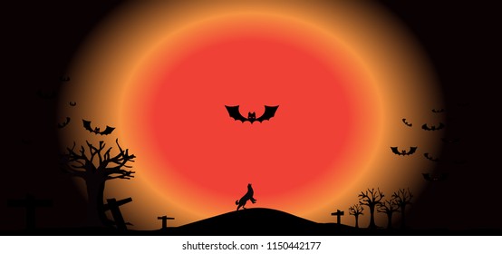 Frame with silhouettes of wolf ,  trees  leaves  crosses in the cemetery. Halloween card or flyer with copy space.