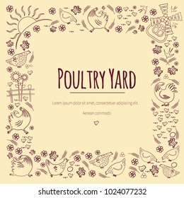 Frame silhouettes-contours of chickens and roosters, swallows and flowers. The sun, the mill, the fence. Agriculture and farms for animals. With space for text. On a beige background. Vector