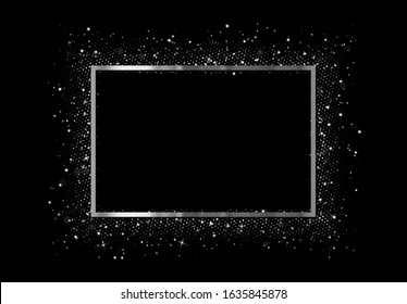 Frame with silver glitter by border. Realistic Holiday decoration. Black background. Vector illustration