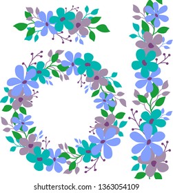 Frame with simple blue and purple flowers. Template with wildflowers for home gardening. Vector illustration. Isolated on white.