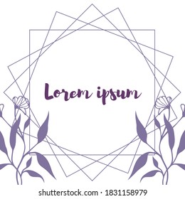 
Frame of simple geometric shapes with lavender flowers on white background