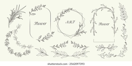 Frame. Single line art. Minimalistic herbal botanical set of border. Collection of trendy hand drawn flowers. Frame. Single clip art. Silhouette. Elements. Cut out. Circles textbox. Boho. Floral