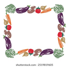 Quadro de esboços vários vegetais maduros, pepino; cenouras; batatas; abobrinha; repolho; berinjela; cebola, tomates, borda decorativa vetorial, cartão de saudação de decoração desenhado à mão