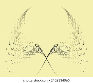 A frame of sketchy smooth strokes of a soaring pair of phoenix wings. Glitch shifting of contours. Simulates motion in a blurred image. Space for copying text. Vector.