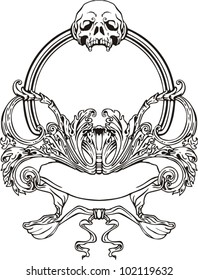 Frame with skull in Art Nouveau style. Black and white vector illustration