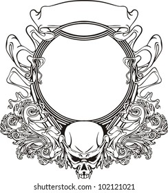 Frame with skull in Art Nouveau style. Black and whie vector illustration.