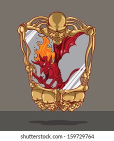 frame with skull and red devil inside