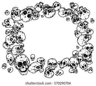 Frame with skulls, invitation to halloween - hand drawn vector illustration, isolated on white