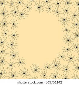 Frame with small spiders in black on yellow background. Stock vector illustration for greeting card template, halloween decoration, child birthday invitation.