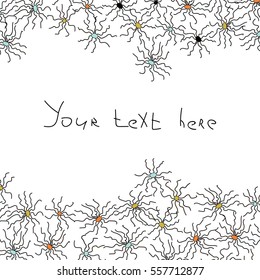 Frame with small spiders in funny cartoon style. Stock vector illustration for greeting card template, halloween decoration, child birthday invitation.