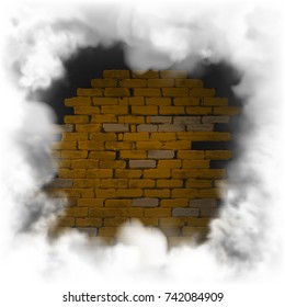 A frame of smoke, and an old brick wall is an isolated object with a dark space in the middle for placing your image or text.