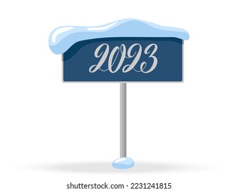 Frame with snow caps with 2023 text. Hand Drawn calligraphy lettering. Blue winter banner template isolated on white background. Flat vector New year design element for card, banner, invitation.