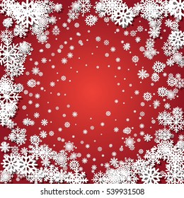 Frame snow on a red background. Abstract snowflake background