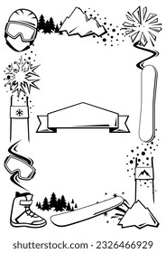 Frame with snowboarding items. Winter sport illustration.