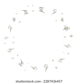 A frame of snowdrops for your design. First spring flowers. Round frame. Vector illustration.