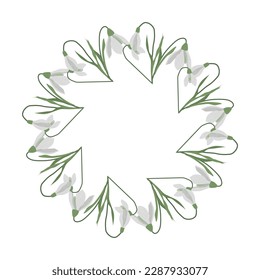 A frame of snowdrops for your design. First spring flowers. Round frame.. Vector illustration.