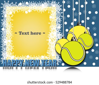Frame of snowflakes and Christmas decorations in the form of tennis. Happy new year with reflection. Vector illustration