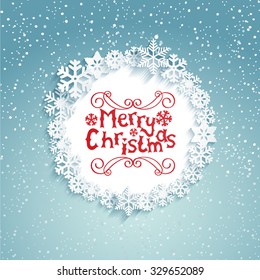 ?ircular frame with snowflakes with shadow and lettering merry Christmas. Snowy background. Vector illustration.