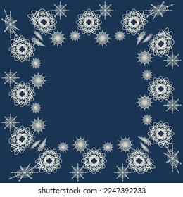 marco de invierno con copas de nieve en un estilo moderno sobre un fondo oscuro. Decoración de las vacaciones de Navidad de invierno. Un elemento de decoración de invierno. Fondo azul de Navidad. Fondo vectorial.
