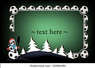 Frame with soccer balls and Christmas tree and Snowman of soccer balls. Vector illustration