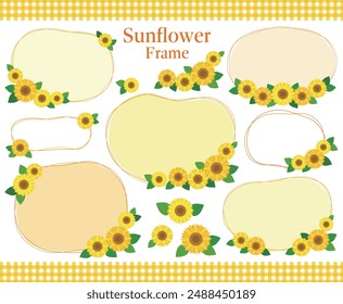 Frame with soft lines of cute sunflowers, yellow set