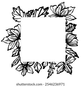 Frame with space for text with hand drawn botanical line art of flowers and leaves. Elegant template for crafting, invitations, and minimalist decor. vector illustration for creative projects.