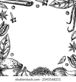 Moldura com especiarias. Gráficos vetoriais representando especiarias culinárias aromáticas de diferentes tipos. Ilustrações a preto e branco desenhadas à mão. Em um fundo branco. Para banners, menus, cartazes, etiquetas, pacotes