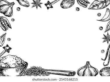 Encuadre con especias. Gráficos de Vector que representan especias culinarias aromáticas de diferentes tipos. Ilustraciones dibujadas a mano en blanco y negro. Sobre un fondo blanco. Para menús, carteles, etiquetas y paquetes.