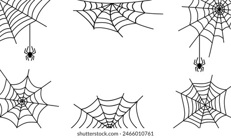 Marco de Web de araña línea negra. Tarjeta de Halloween de tela de araña, símbolo, vista redonda, angular, asimétrica. Decoración de Sitio web, tatuaje, logotipo o elemento de diseño de vacaciones de terror contorno de telaraña, aislado en blanco