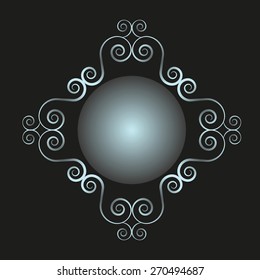 Frame with spiral silver pattern. Ornamental vintage decoration. 
Spiral golden design elements, isolated on black background. Vector illustration