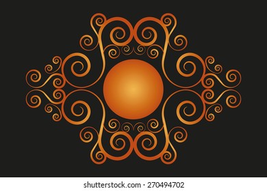 Frame with spiral silver pattern. Ornamental vintage decoration. 
Spiral golden design elements, isolated on black background. Vector illustration