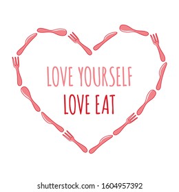 Frame of spoon, fork and knife heart and text in doodle style vector stock illustration. Image representing a frame of heart with spoon, knife and fork isolated on white
