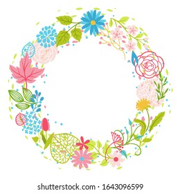 Frame with spring flowers. Beautiful decorative natural plants, buds and leaves.