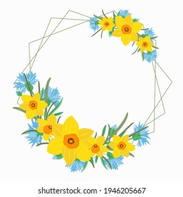 Frame with spring flowers. A circular wreath with yellow daffodils and blue cornflowers. Template for invitations and congratulations.Vector.